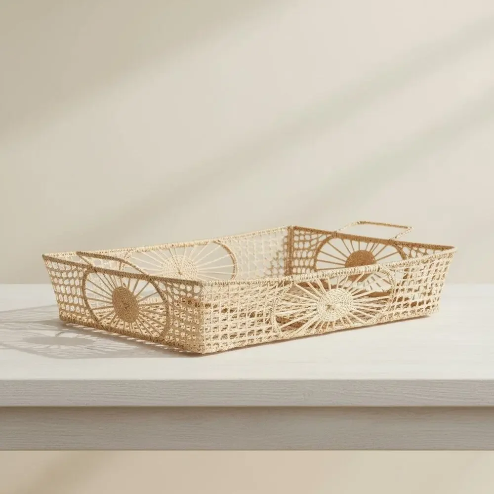 Vintage Iraca Palm Woven Serving Tray Basket-Boho-Coastal-Farmhouse-Organizer